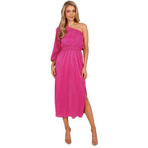 Petal‎ & Pup Pontee Satin One Shoulder Pleated Midi Dress Orchid Pink Glam Large